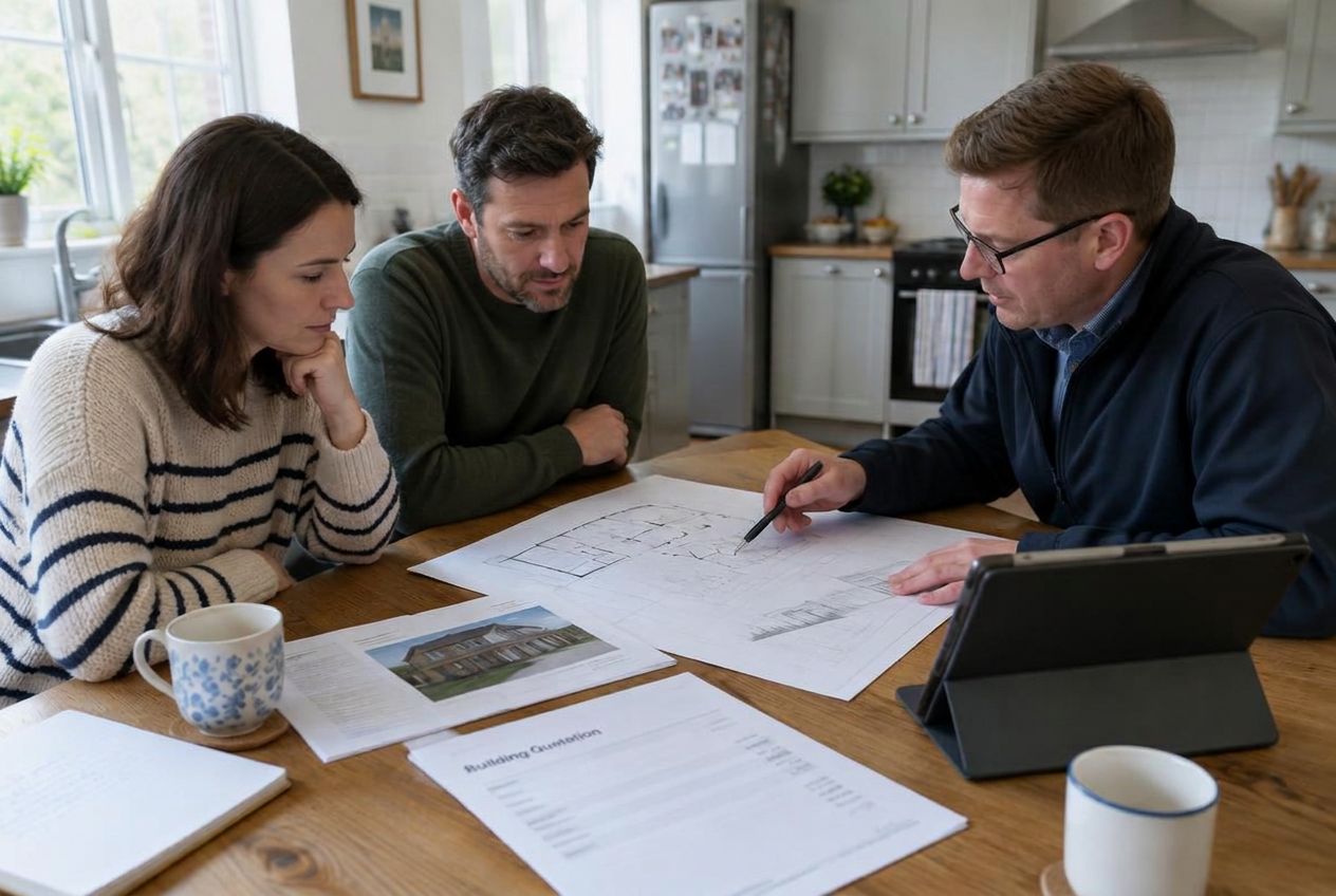 Homeowners reviewing building quotations and plans with an independent surveyor